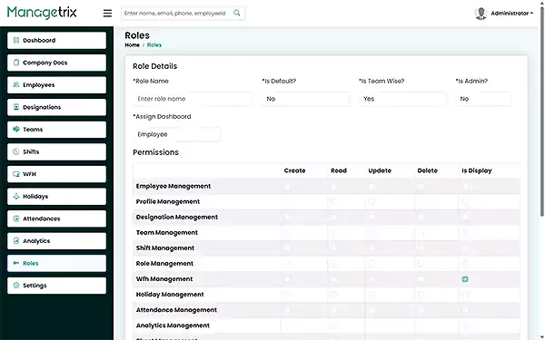 Managetrix User Roles & Permissions panel
