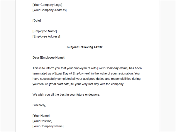 Relieving Letter Format PDF