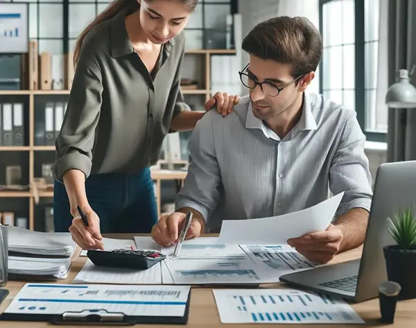 A business owner reviewing with an accountant about financial terms, business earnings, and vendor valuation numbers.