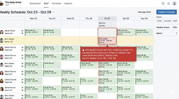 A scheduling screen showing a blocked shift with an age-based hour limit warning