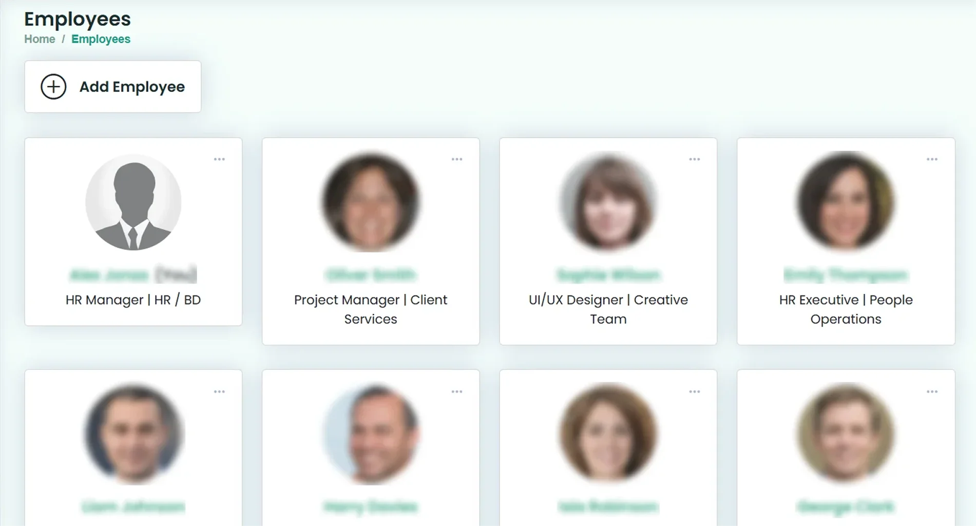 Employee cards showing designation and team