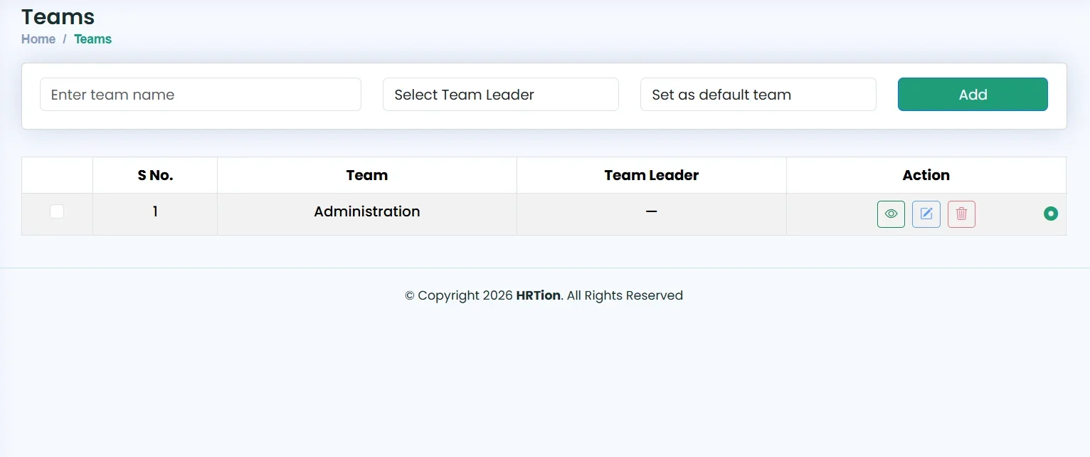Team list showing team leaders